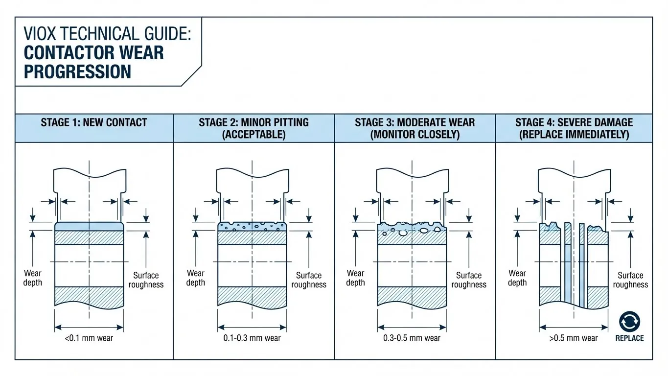VIOX contactor contact wear progression chart showing inspection criteria and replacement thresholds